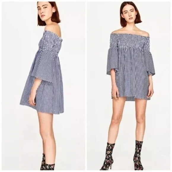 Zara Smocked Dress Tunic Top Bell Sleeves Size Large Blue and White Stripe - Picture 2 of 11